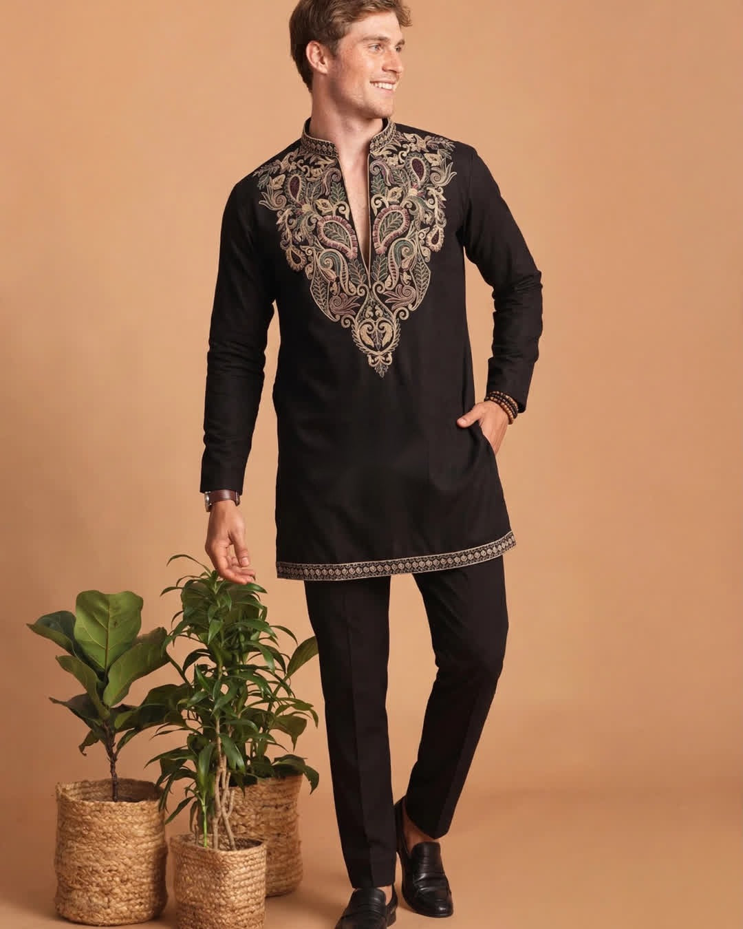 Men's Designer Kurta - Black with Gold Paisley Embroidery - Size 40