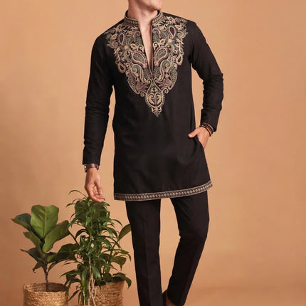 Men's Designer Kurta - Black with Gold Paisley Embroidery - Size 40