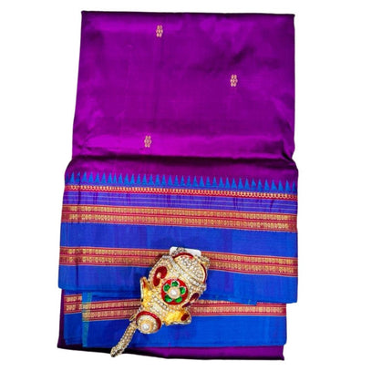 Original Narayan Peth Silk Saree from Yeola(With Unstitched Blouse Piece) - Magenta | Firozi Blue Border Pallu