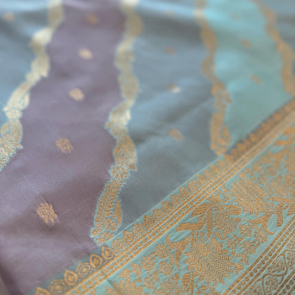 Banarasi Rangkat Silk Saree |Stripes small motif weaving all over | Aqua Blue/Grey/Light Lavender intricate border| fall pico tassels done