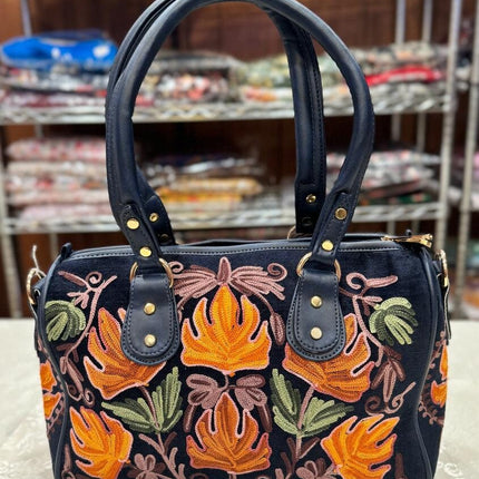 Kashmiri Embroidered Aari work Handbags | short handle | Large Sling Shoulder velvet | suede leather
