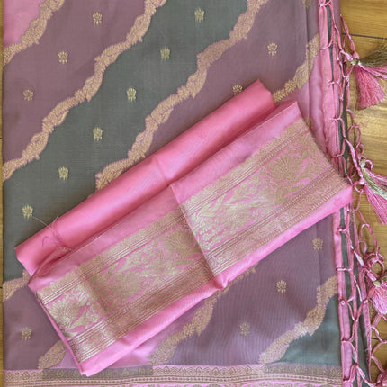 Banarasi Rangkat Silk Saree |Stripes small motif weaving all over Pink/Grey/Light Lavender intricate border| fall pico tassels done