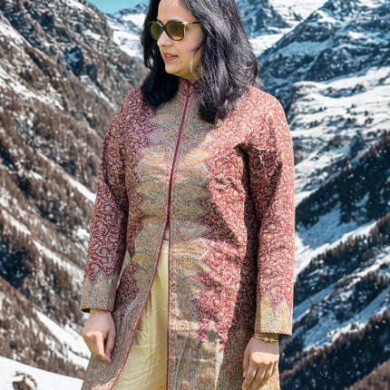 Luxury Kani/Jamawar wool jari Ladies Jacket | woven Kashmir Artwear | Statement fashion wear | all season Dresses|long maroon| size 40