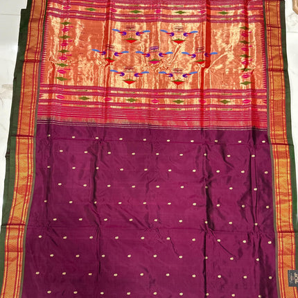 Authentic Maharani Paithani from Yeola| 100% handwoven Pure Silk saree in Maroon Color with light Deep Olive border|Silk Mark Certified