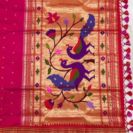 Authentic Maharani Paithani from Yeola| 100% handwoven Pure Silk saree in Rani pink with Red border|Silk Mark Certified