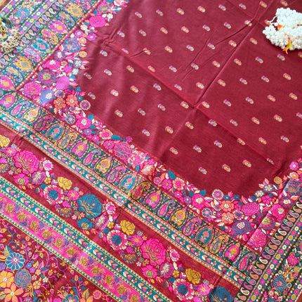 Kashmiri Gulistan Saree on Premium quality Cotton Silk |All over weaving | Maroon with multicolor floral paisley