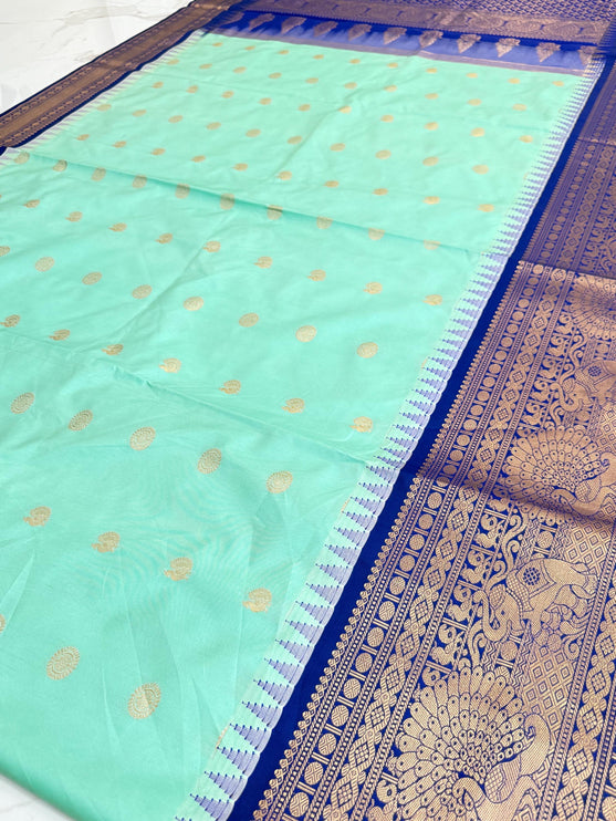 Pure handloom Gadwal semi-Silk Saree | Silk | Seagreen  with Ink Blue border