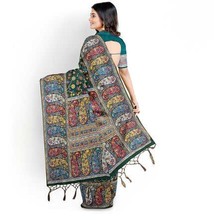 Kashmiri Kalamkari Saree on Premium quality Cotton Silk|Painting with weaving all over |bottl with multicolor floral|Fall Pico tassels done