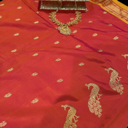 Authentic Paithani from Yeola | 100% handwoven Pure Silk saree |Light Orange|Dual shade|Yellow Border|Silk Mark Certified