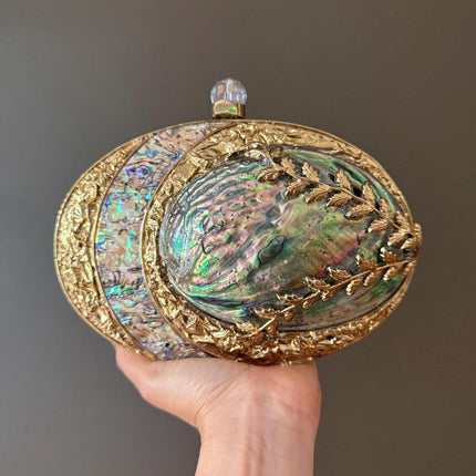 Luxury Abalone Shell & Gold Clutch | Elegant Mother of Pearl Handbag | Unique Statement Evening Bag with Chain