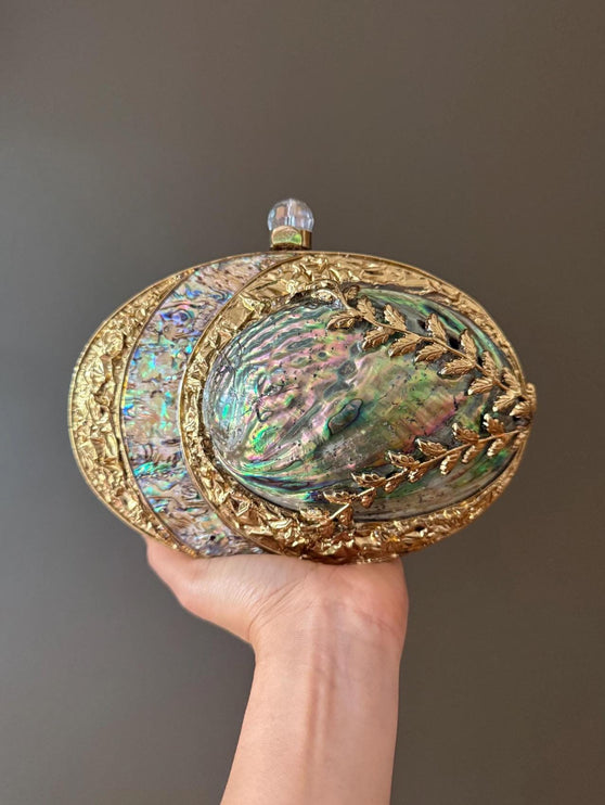 Luxury Abalone Shell & Gold Clutch | Elegant Mother of Pearl Handbag | Unique Statement Evening Bag with Chain