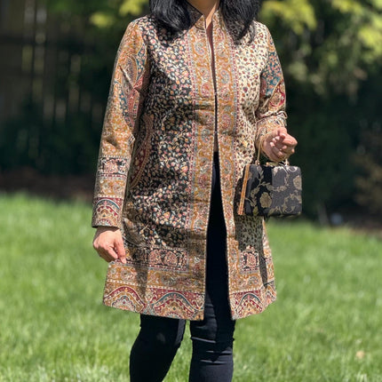 Luxury Kani/kalamkari pattern Jacket |Kashmir Artwear | Statement fashion wear | Kashmir all season Dresses|long| size 46,48
