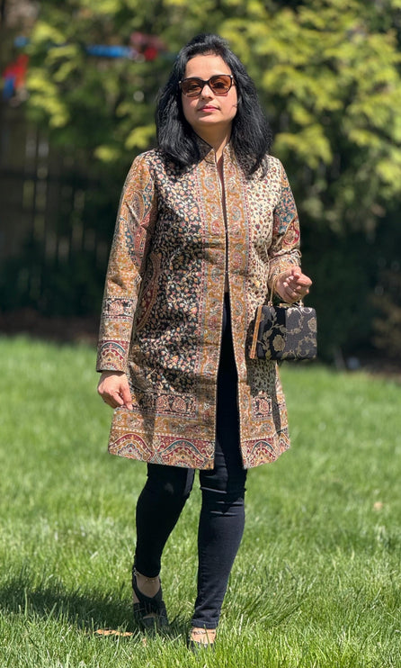 Luxury Kani/kalamkari pattern Jacket |Kashmir Artwear | Statement fashion wear | Kashmir all season Dresses|long| size 46,48