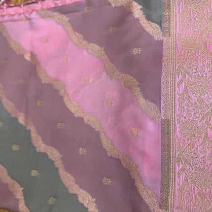 Banarasi Rangkat Silk Saree |Stripes small motif weaving all over Pink/Grey/Light Lavender intricate border| fall pico tassels done