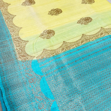 Pure Banarasi Kaduwa Tussar Silk Saree | Motifs weaving and Lemon with Sky blue  border | Hand Woven | Lock weaving| Silk Mark certified