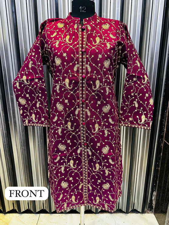 Luxury Kani/Jamawar  Woolen Jacket with Jari | woven Kashmir Artwear | Statement fashion wear | Kashmir Winter Dresses|knee length| size 42