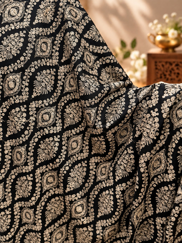 Close-up of white Jaal embroidery on black Kashmiri shawl