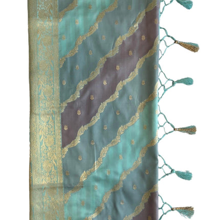 Banarasi Rangkat Silk Saree |Stripes small motif weaving all over | Aqua Blue/Grey/Light Lavender intricate border| fall pico tassels done
