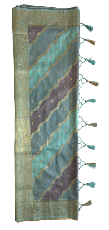 Banarasi Rangkat Silk Saree |Stripes small motif weaving all over | Aqua Blue/Grey/Light Lavender intricate border| fall pico tassels done