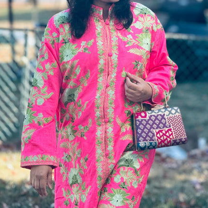 Luxury Aari /Tussar Silk Ladies long Jacket | woven Kashmir Artwear | Statement fashion wear | Kashmir Winter Dresses|kneee length| size 42