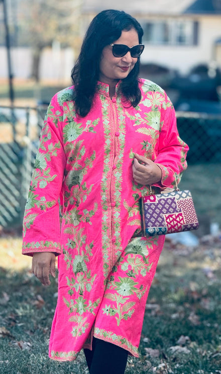 Luxury Aari /Tussar Silk Ladies long Jacket | woven Kashmir Artwear | Statement fashion wear | Kashmir Winter Dresses|kneee length| size 42