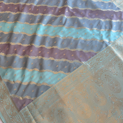 Banarasi Rangkat Silk Saree |Stripes small motif weaving all over | Aqua Blue/Grey/Light Lavender intricate border| fall pico tassels done