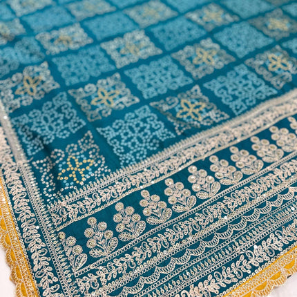 Bandhani silk saree|Embroidered  handwork Saree/ embroidery all over Saree/ Rama color with  Yellow border /fall pico done