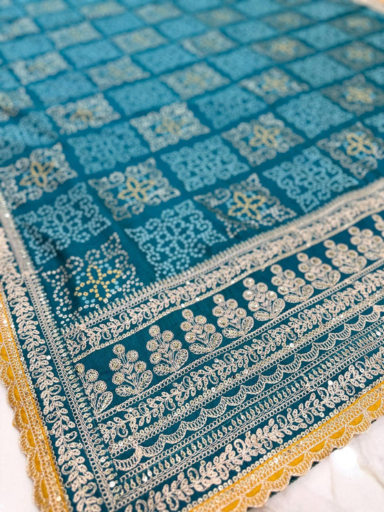 Bandhani silk saree|Embroidered  handwork Saree/ embroidery all over Saree/ Rama color with  Yellow border /fall pico done
