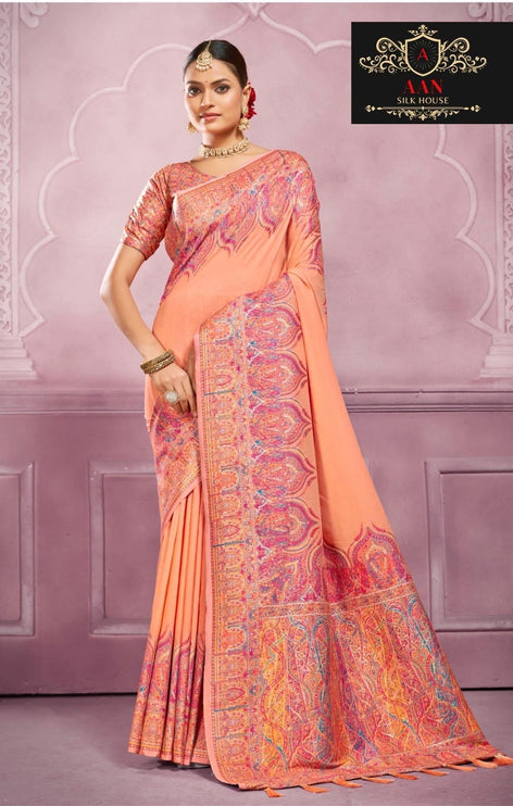 Kashmiri Kani embroidered kudos Silk Saree - Authentic Kashmiri kani work - multicolor | All over weaving