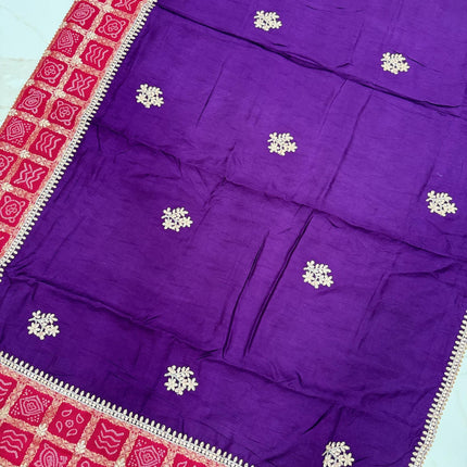 100% Pure Bandhani silk saree|Embroidered  handwork Saree/ Gharchola Pattern/ Purple color with Rani pink border /fall pico done