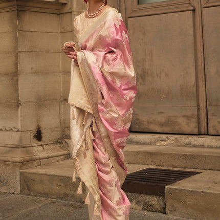Banarasi PINK & BEIGE woven RANGKAT satin silk saree paired with satin silk blouse