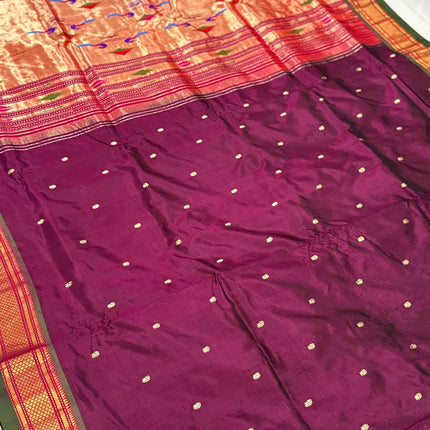 Authentic Maharani Paithani from Yeola| 100% handwoven Pure Silk saree in Maroon Color with light Deep Olive border|Silk Mark Certified