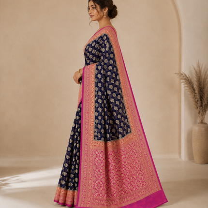 Banarasi Khaddi Georgette Saree: 3D Zari Butta, Deep Blue & Pink