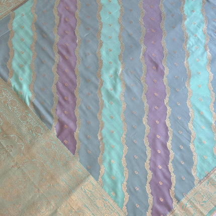 Banarasi Rangkat Silk Saree |Stripes small motif weaving all over | Light Pista/Light Lavender intricate border| fall pico tassels done