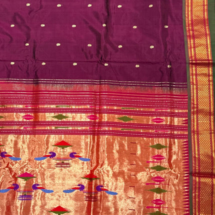 Authentic Maharani Paithani from Yeola| 100% handwoven Pure Silk saree in Maroon Color with light Deep Olive border|Silk Mark Certified