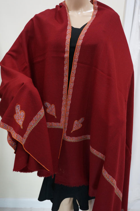 Premium Pashmina Shawl with Intricate Border with fine hand embroidery| Very Soft| 100% Pure Pashmina Handmade Shawl | RED