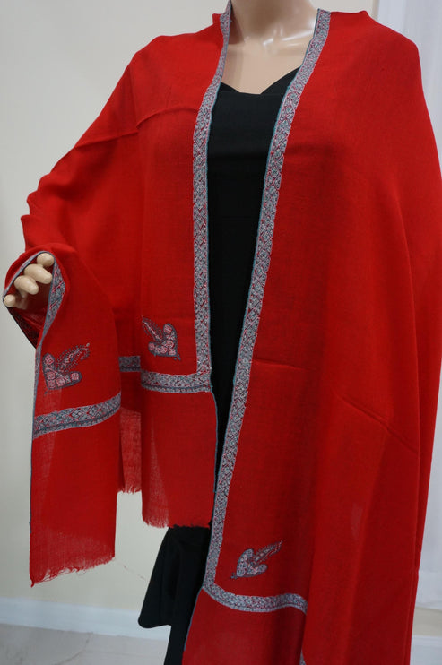 Premium Pashmina Stole with Intricate Border with fine hand embroidery| Very Soft| 100% Pure Pashmina Handspun Stole | Blood Red