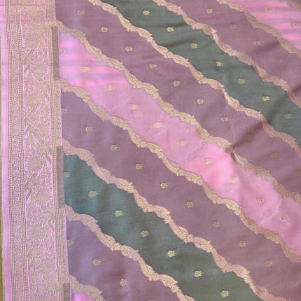 Banarasi Rangkat Silk Saree |Stripes small motif weaving all over Pink/Grey/Light Lavender intricate border| fall pico tassels done