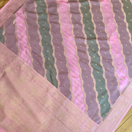 Banarasi Rangkat Silk Saree |Stripes small motif weaving all over Pink/Grey/Light Lavender intricate border| fall pico tassels done