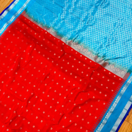 Pure handloom Gadwal Silk Saree | 100% Pure Silk | Silk Mark Certified | Bright Red with Firozi Blue border