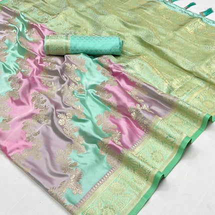 Handloom Banarasi satin silk saree  with Rangkat satin handloom weaving all over the saree paired with satin silk blouse|Pista pink lavender