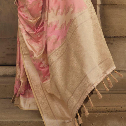 Banarasi PINK & BEIGE woven RANGKAT satin silk saree paired with satin silk blouse