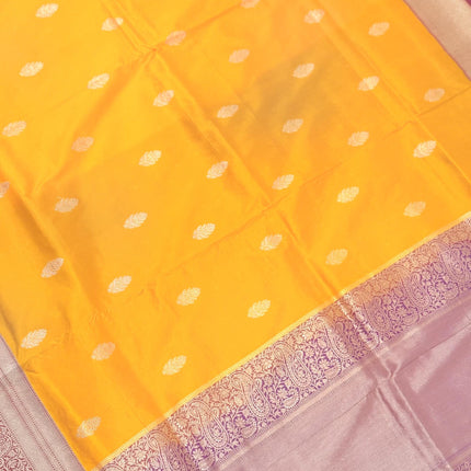 Pure Banarasi Kaduwa Silk Saree | Motifs weaving and bright yellow/magenta  border | Hand Woven | Lock weaving| Silk Mark certified