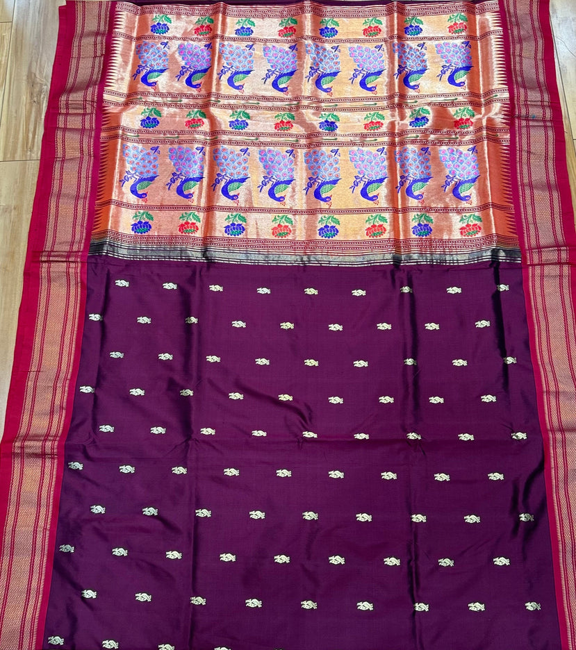 Authentic Maharani Paithani from Yeola| 100% handwoven Pure Silk saree in Maroon Color with light Deep Red border|Silk Mark Certified