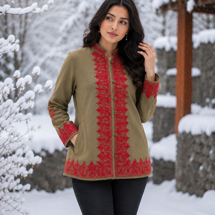 Short hand Sozni embroidered | Luxury wool Jacket | Tan and Red | Size 42