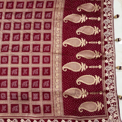 100% Pure Bandhani silk saree|Embroidered  handwork Saree/ Gharchola Pattern/ Maroon color /fall pico done