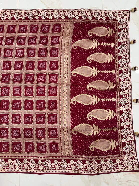 100% Pure Bandhani silk saree|Embroidered  handwork Saree/ Gharchola Pattern/ Maroon color /fall pico done