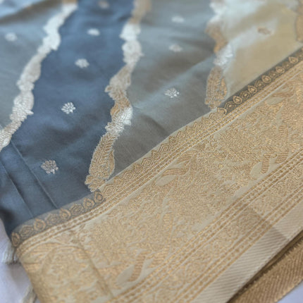 Banarasi Rangkat Silk Saree |Stripes/ small motif weaving all over the saree | Grey/ Beige /with  light golden intricate border
