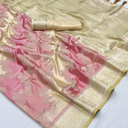 Banarasi PINK & BEIGE woven RANGKAT satin silk saree paired with satin silk blouse