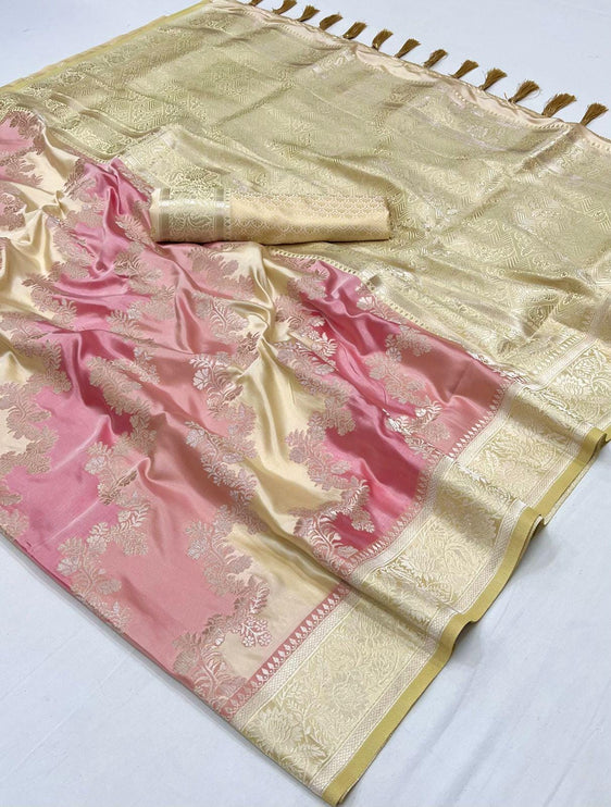 Banarasi PINK & BEIGE woven RANGKAT satin silk saree paired with satin silk blouse